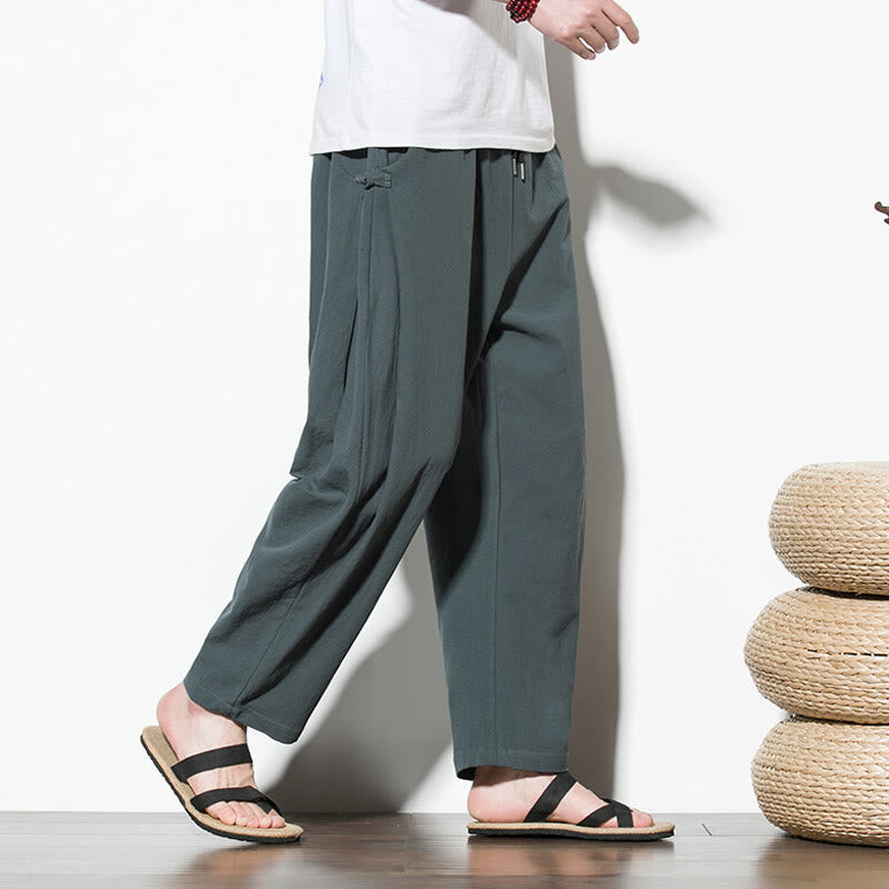 Pantaloni da uomo in cotone e lino con tasche e design a rana laterale con bottoni Buddha Stones Summer - image 2
