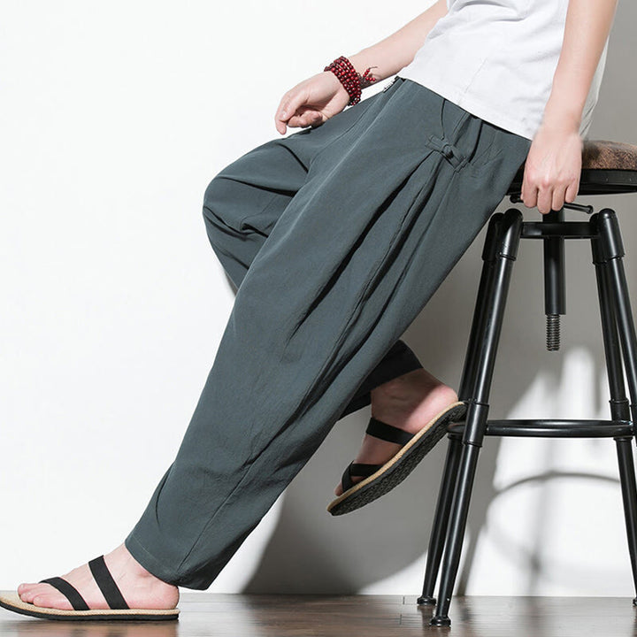 Pantaloni da uomo in cotone e lino con tasche e design a rana laterale con bottoni Buddha Stones Summer - image 9