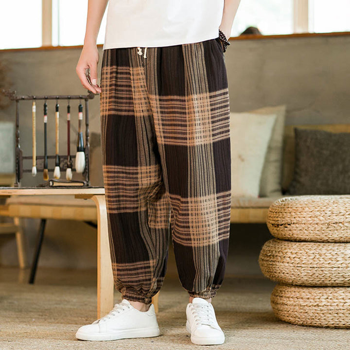 Pantaloni harem da uomo in cotone e lino a righe a quadri estivi Buddha Stones con tasche - image 3