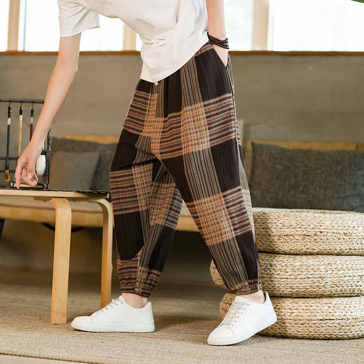 Pantaloni harem da uomo in cotone e lino a righe a quadri estivi Buddha Stones con tasche - Abbronzatura - US/UK/AU46, EU56 (5XL) - image 1