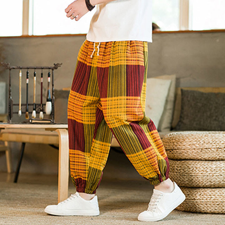 Pantaloni harem da uomo in cotone e lino a righe a quadri estivi Buddha Stones con tasche - Arancia - US/UK/AU46, EU56 (5XL) - image 20