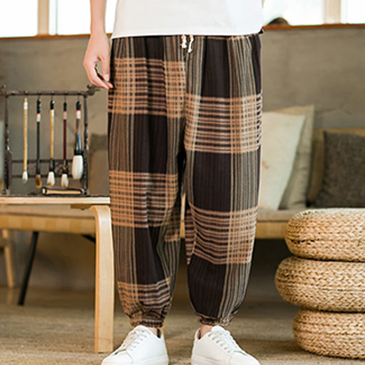 Pantaloni harem da uomo in cotone e lino a righe a quadri estivi Buddha Stones con tasche - image 8