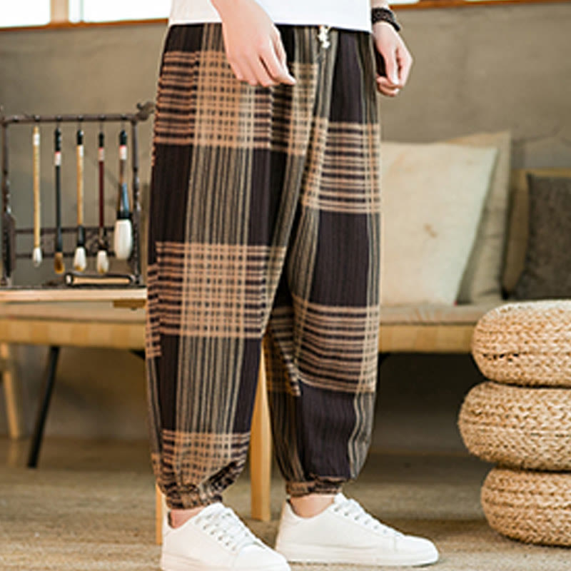 Pantaloni harem da uomo in cotone e lino a righe a quadri estivi Buddha Stones con tasche - image 4