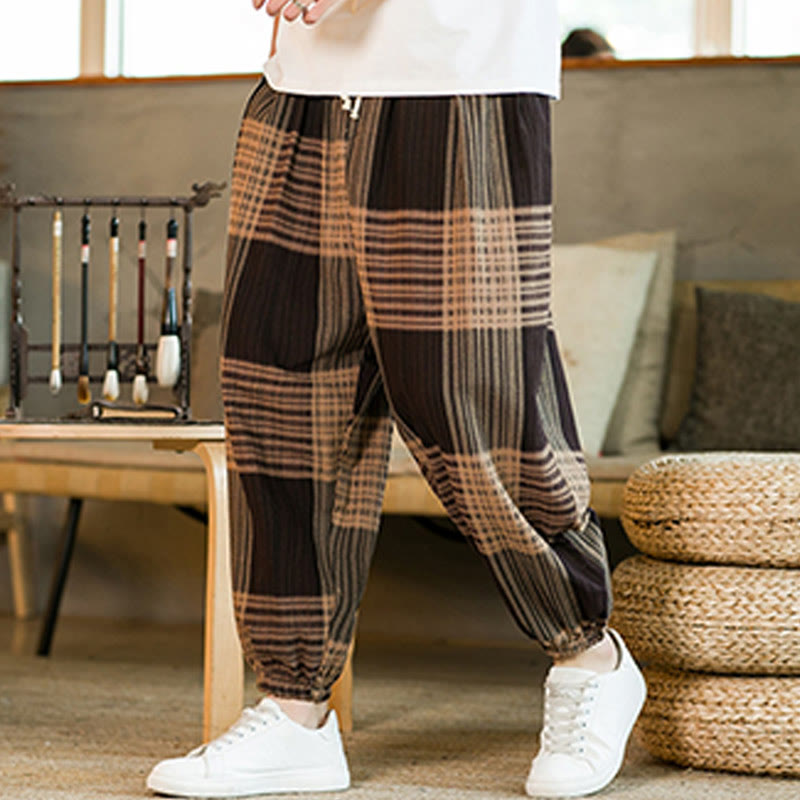 Pantaloni harem da uomo in cotone e lino a righe a quadri estivi Buddha Stones con tasche - image 2