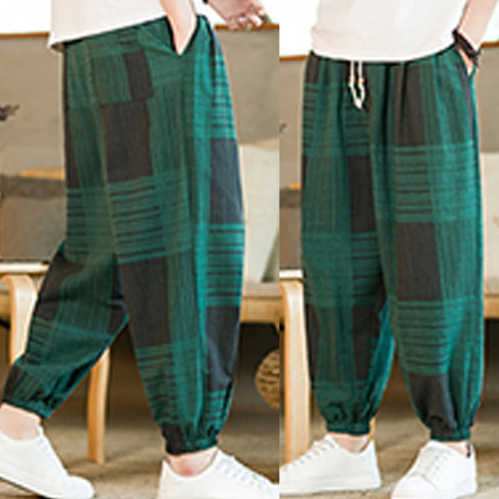 Pantaloni harem da uomo in cotone e lino a righe a quadri estivi Buddha Stones con tasche - image 19