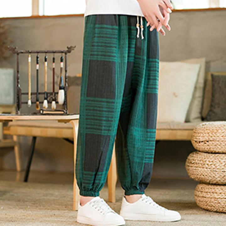 Pantaloni harem da uomo in cotone e lino a righe a quadri estivi Buddha Stones con tasche - image 12