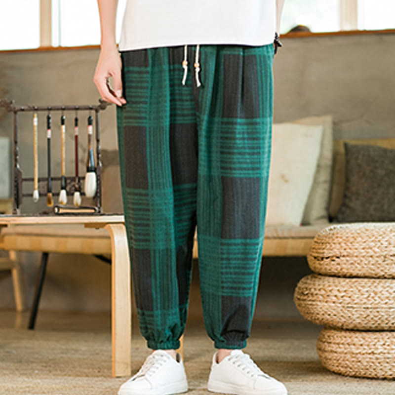 Pantaloni harem da uomo in cotone e lino a righe a quadri estivi Buddha Stones con tasche - image 15