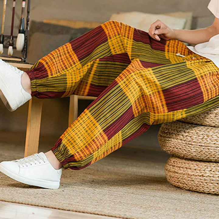 Pantaloni harem da uomo in cotone e lino a righe a quadri estivi Buddha Stones con tasche - image 26