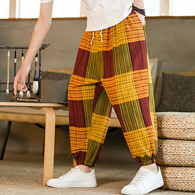 Pantaloni harem da uomo in cotone e lino a righe a quadri estivi Buddha Stones con tasche - image 22