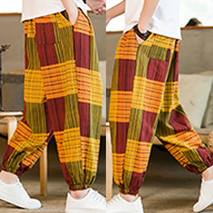 Pantaloni harem da uomo in cotone e lino a righe a quadri estivi Buddha Stones con tasche - image 27