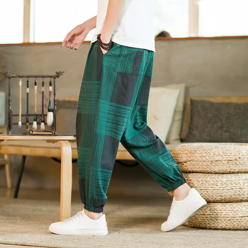Pantaloni harem da uomo in cotone e lino a righe a quadri estivi Buddha Stones con tasche - image 16