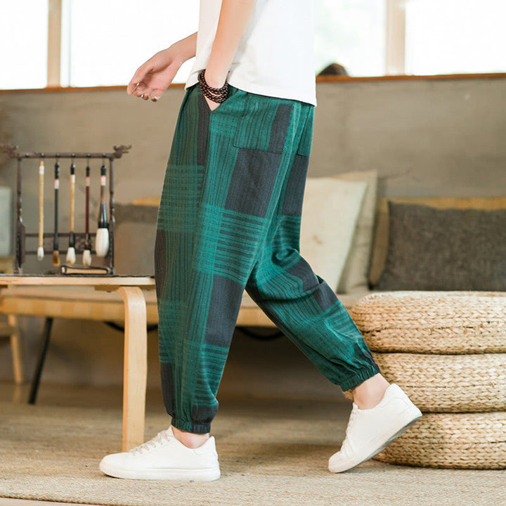 Pantaloni harem da uomo in cotone e lino a righe a quadri estivi Buddha Stones con tasche - image 16