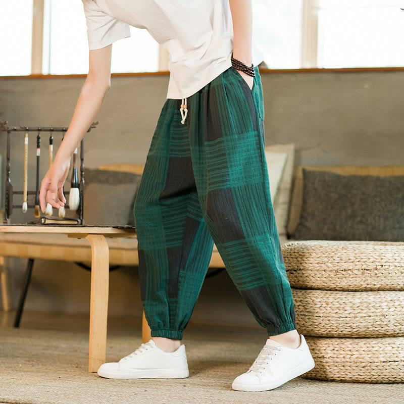Pantaloni harem da uomo in cotone e lino a righe a quadri estivi Buddha Stones con tasche - image 14