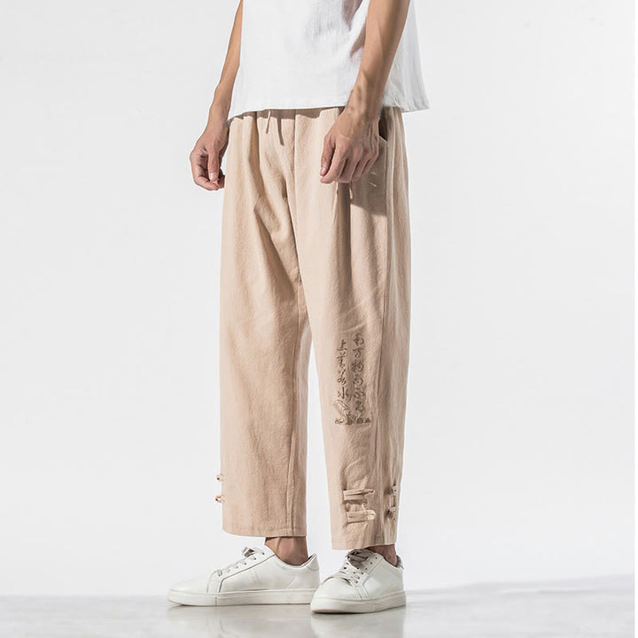 Pantaloni da uomo in cotone e lino con tasche, ricamo estivo con caratteri cinesi Buddha Stones - Grano - US/UK/AU46, EU56 (5XL) - image 10