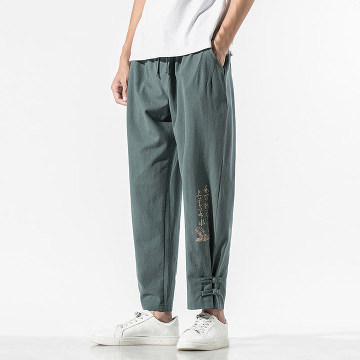 Pantaloni da uomo in cotone e lino con tasche, ricamo estivo con caratteri cinesi Buddha Stones - Cadetto Blu - US/UK/AU46, EU56 (5XL) - image 20