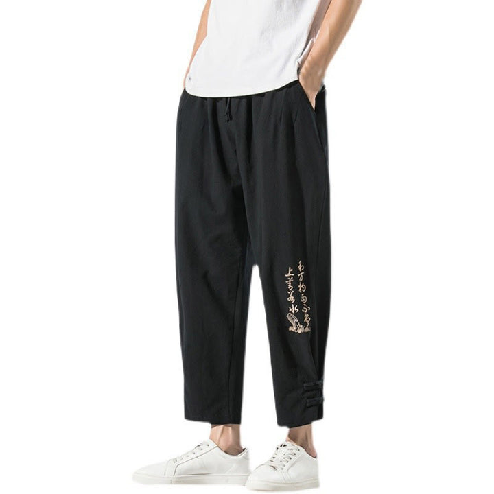 Pantaloni da uomo in cotone e lino con tasche, ricamo estivo con caratteri cinesi Buddha Stones - image 19
