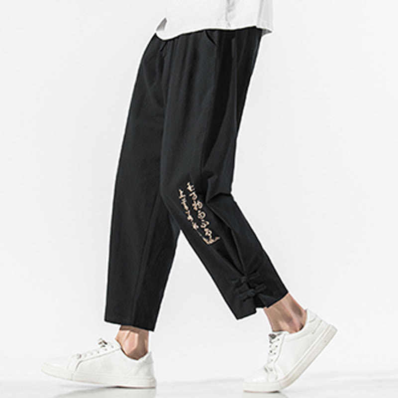 Pantaloni da uomo in cotone e lino con tasche, ricamo estivo con caratteri cinesi Buddha Stones - Nero - US/UK/AU46, EU56 (5XL) - image 1