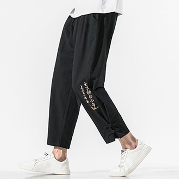 Pantaloni da uomo in cotone e lino con tasche, ricamo estivo con caratteri cinesi Buddha Stones - Nero - US/UK/AU46, EU56 (5XL) - image 1