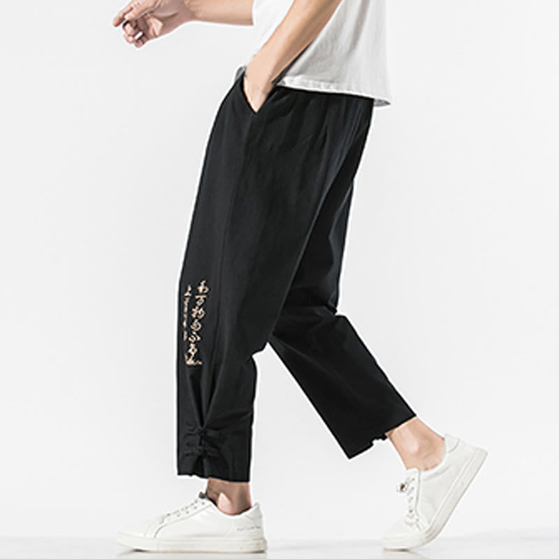 Pantaloni da uomo in cotone e lino con tasche, ricamo estivo con caratteri cinesi Buddha Stones - image 5