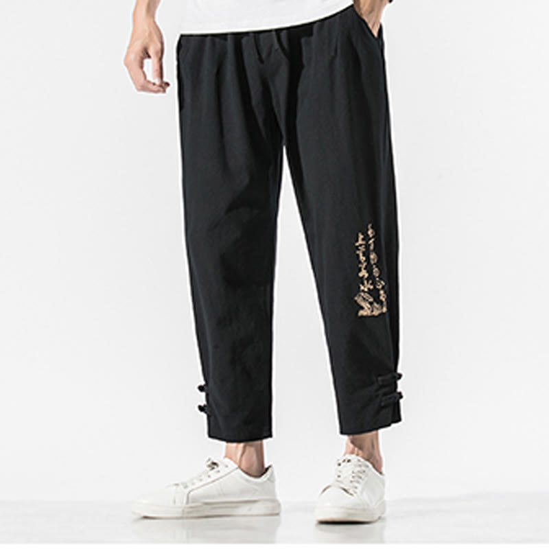 Pantaloni da uomo in cotone e lino con tasche, ricamo estivo con caratteri cinesi Buddha Stones - image 4