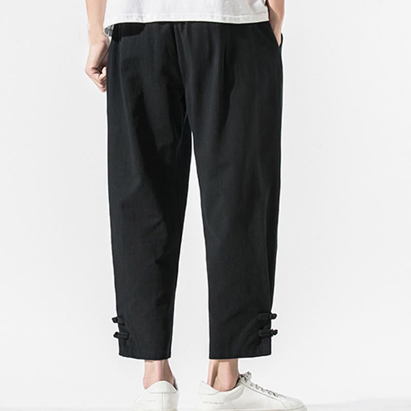 Pantaloni da uomo in cotone e lino con tasche, ricamo estivo con caratteri cinesi Buddha Stones - image 2