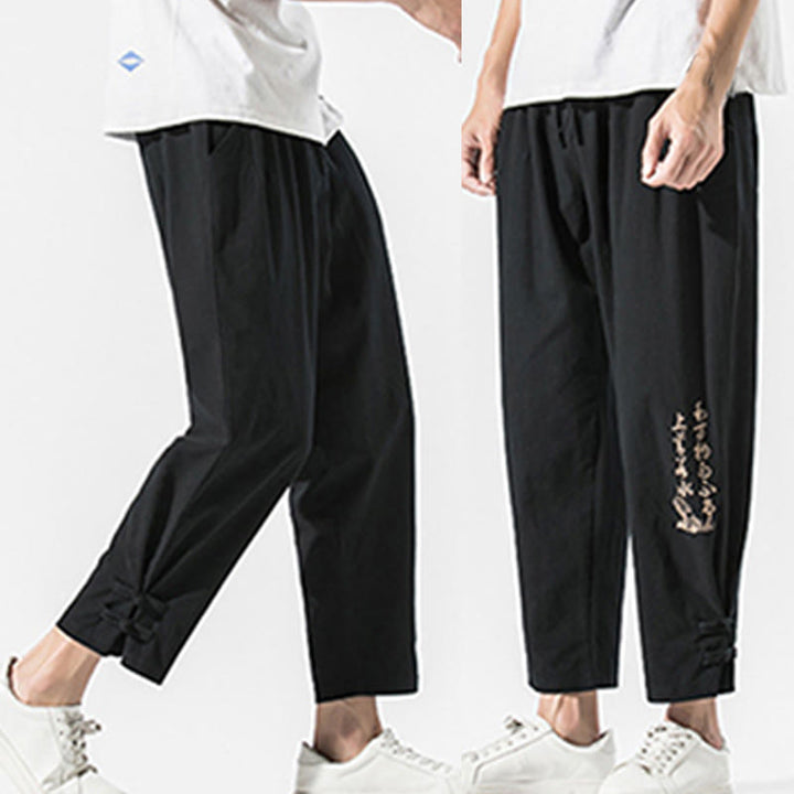 Pantaloni da uomo in cotone e lino con tasche, ricamo estivo con caratteri cinesi Buddha Stones - image 8