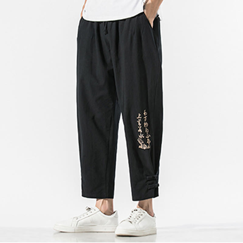 Pantaloni da uomo in cotone e lino con tasche, ricamo estivo con caratteri cinesi Buddha Stones - image 1