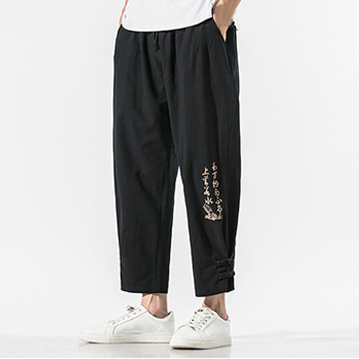 Pantaloni da uomo in cotone e lino con tasche, ricamo estivo con caratteri cinesi Buddha Stones - image 1
