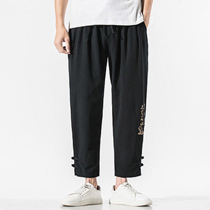 Pantaloni da uomo in cotone e lino con tasche, ricamo estivo con caratteri cinesi Buddha Stones - image 4