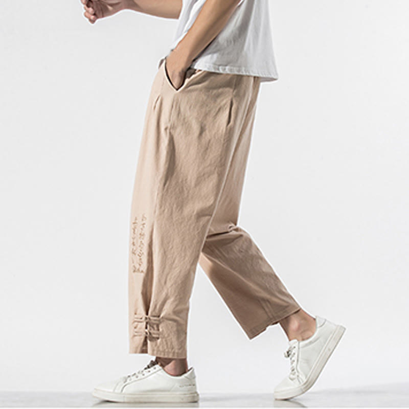 Pantaloni da uomo in cotone e lino con tasche, ricamo estivo con caratteri cinesi Buddha Stones - image 11