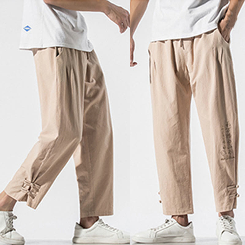 Pantaloni da uomo in cotone e lino con tasche, ricamo estivo con caratteri cinesi Buddha Stones - image 17