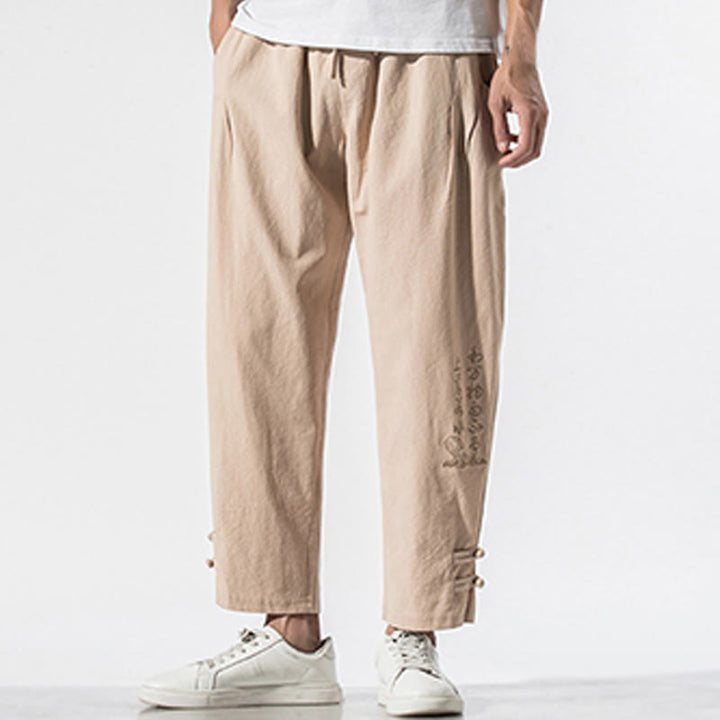 Pantaloni da uomo in cotone e lino con tasche, ricamo estivo con caratteri cinesi Buddha Stones - image 12