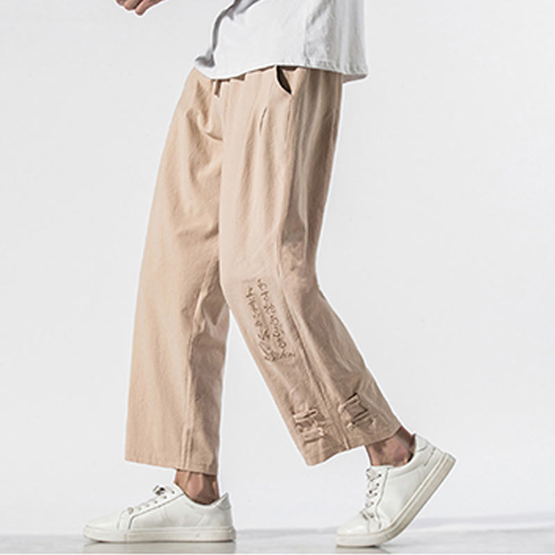Pantaloni da uomo in cotone e lino con tasche, ricamo estivo con caratteri cinesi Buddha Stones - image 10