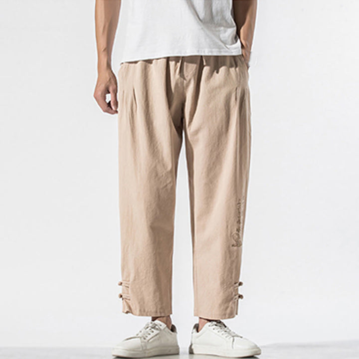 Pantaloni da uomo in cotone e lino con tasche, ricamo estivo con caratteri cinesi Buddha Stones - image 14