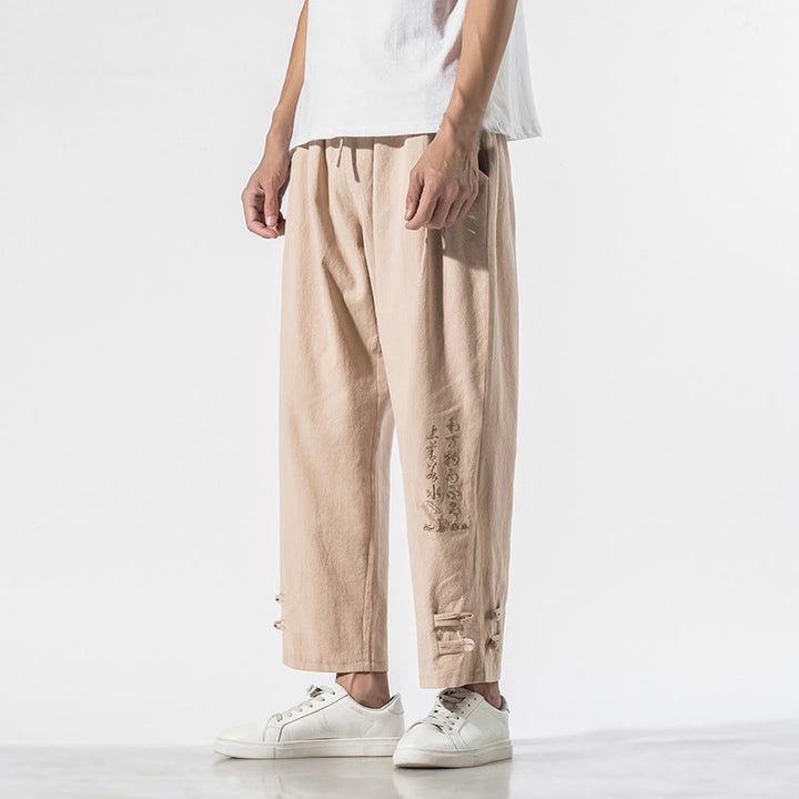 Pantaloni da uomo in cotone e lino con tasche, ricamo estivo con caratteri cinesi Buddha Stones - image 19