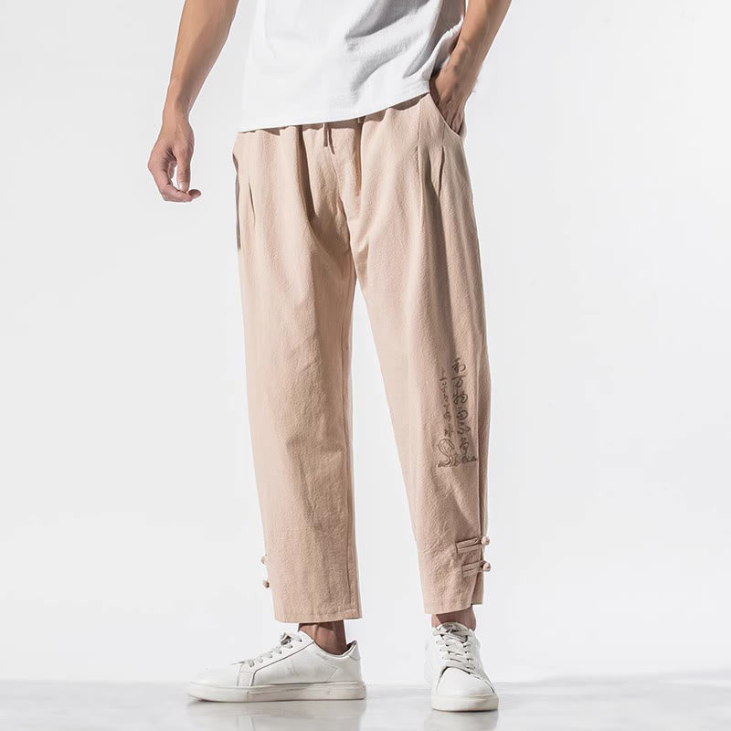 Pantaloni da uomo in cotone e lino con tasche, ricamo estivo con caratteri cinesi Buddha Stones - image 16