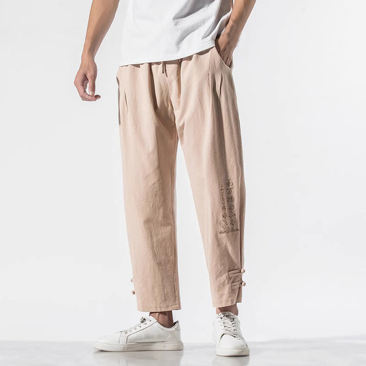 Pantaloni da uomo in cotone e lino con tasche, ricamo estivo con caratteri cinesi Buddha Stones - image 16