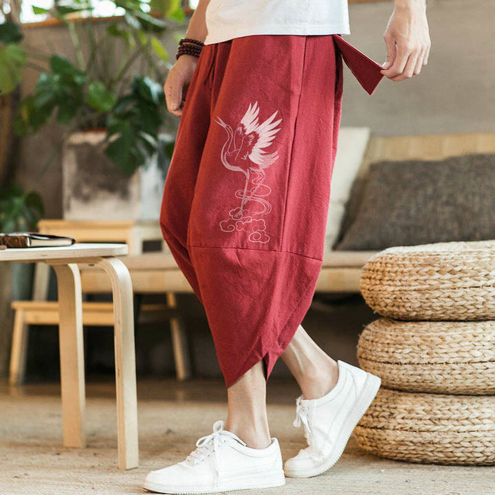 Pantaloni harem da uomo in cotone e lino, lunghezza 7-8, con tasche, motivo: Buddha Stones, gru bianca, nuvole, ricamo - Rosso - US/UK/AU46, EU56 (5XL) - image 5