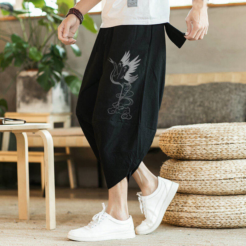 Pantaloni harem da uomo in cotone e lino, lunghezza 7-8, con tasche, motivo: Buddha Stones, gru bianca, nuvole, ricamo - image 2