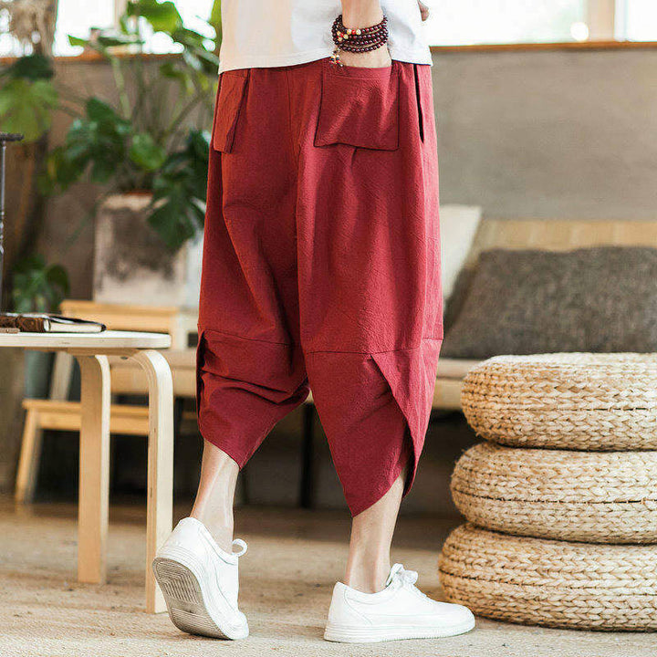 Pantaloni harem da uomo in cotone e lino, lunghezza 7-8, con tasche, motivo: Buddha Stones, gru bianca, nuvole, ricamo - image 6