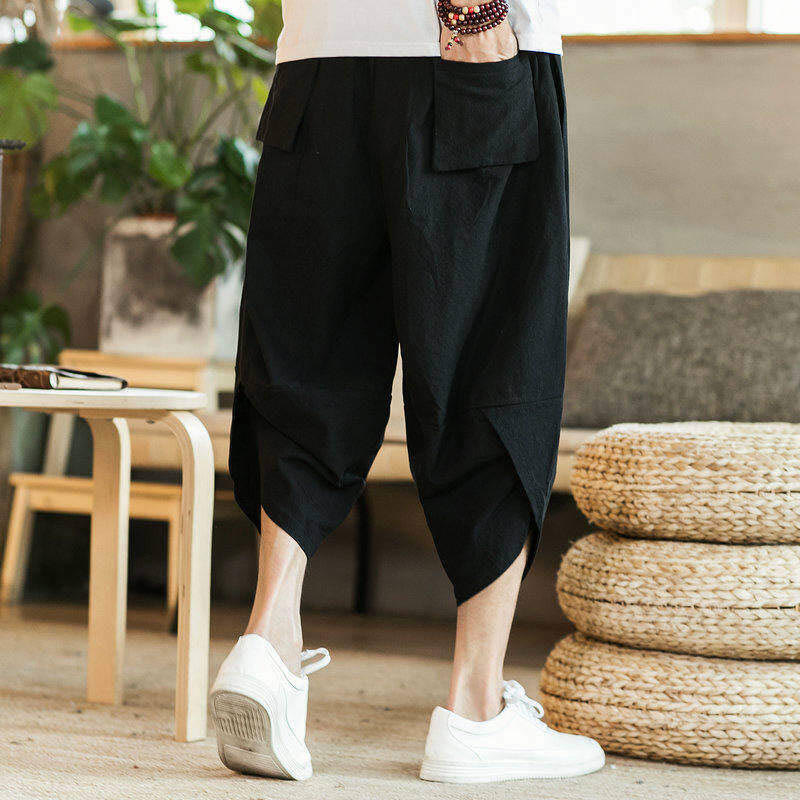 Pantaloni harem da uomo in cotone e lino, lunghezza 7-8, con tasche, motivo: Buddha Stones, gru bianca, nuvole, ricamo - image 3