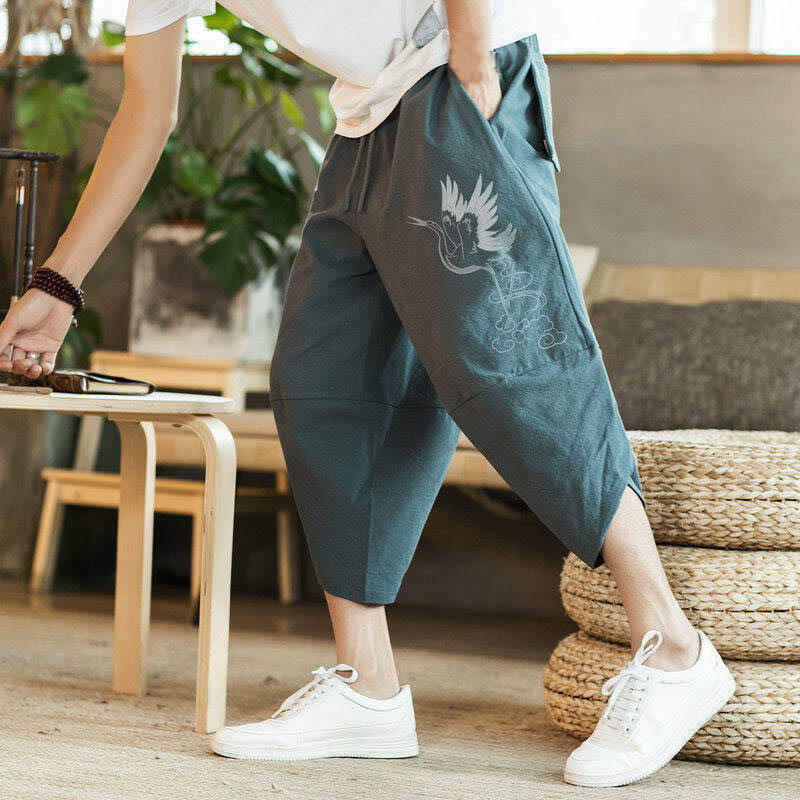 Pantaloni harem da uomo in cotone e lino, lunghezza 7-8, con tasche, motivo: Buddha Stones, gru bianca, nuvole, ricamo - image 11