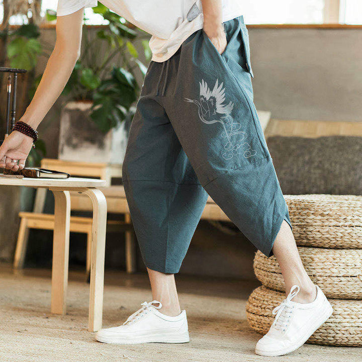 Pantaloni harem da uomo in cotone e lino, lunghezza 7-8, con tasche, motivo: Buddha Stones, gru bianca, nuvole, ricamo - image 11