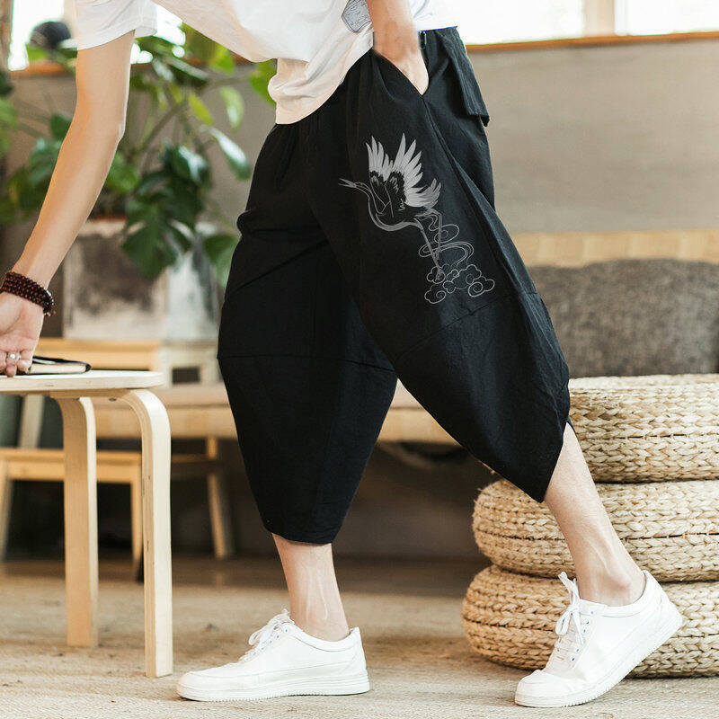 Pantaloni harem da uomo in cotone e lino, lunghezza 7-8, con tasche, motivo: Buddha Stones, gru bianca, nuvole, ricamo - Nero - US/UK/AU46, EU56 (5XL) - image 1