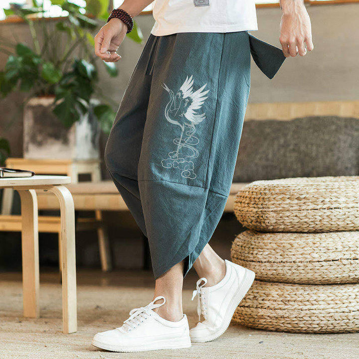 Pantaloni harem da uomo in cotone e lino, lunghezza 7-8, con tasche, motivo: Buddha Stones, gru bianca, nuvole, ricamo - image 12