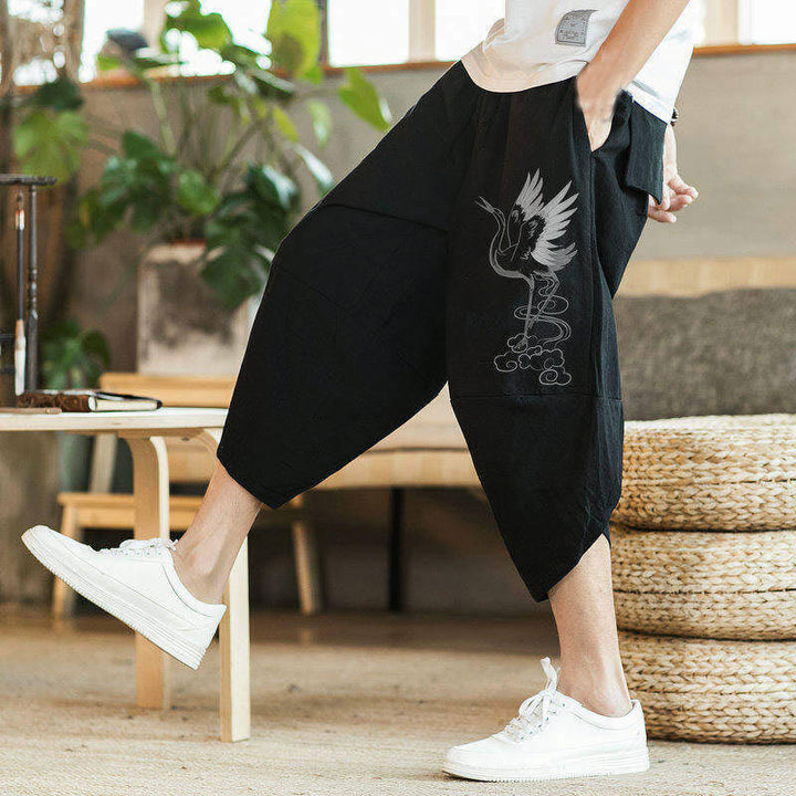 Pantaloni harem da uomo in cotone e lino, lunghezza 7-8, con tasche, motivo: Buddha Stones, gru bianca, nuvole, ricamo - image 4