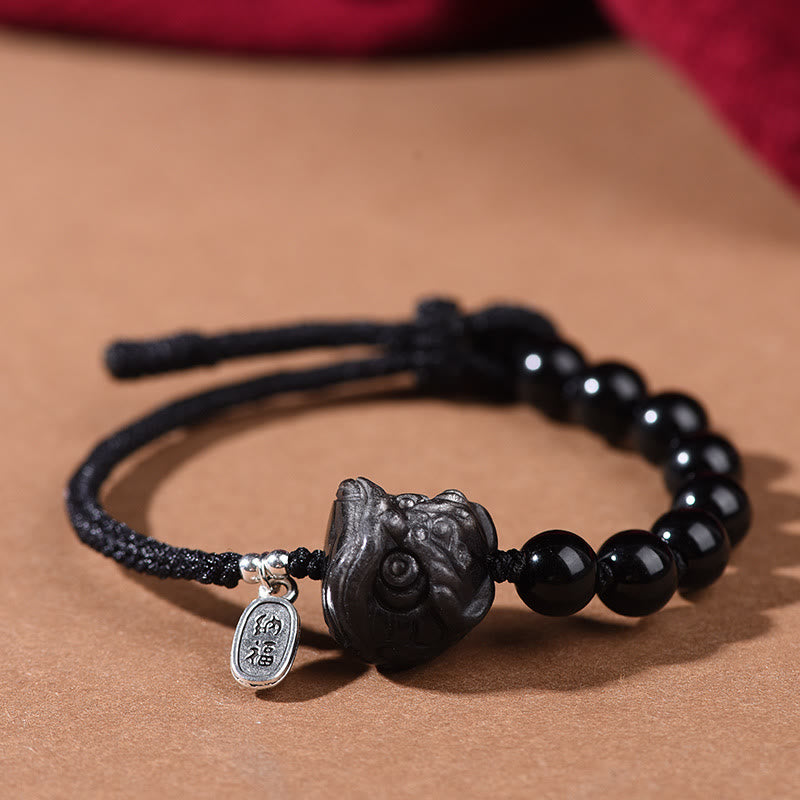 Bracciale Buddha Stones Ossidiana nera Argento lucido Ossidiana Gatto carino Leone danzante Forza - Leone danzante (circonferenza polso 14-16 cm) - image 7