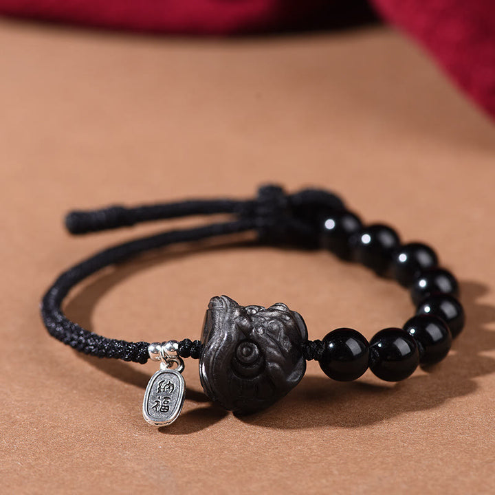 Bracciale Buddha Stones Ossidiana nera Argento lucido Ossidiana Gatto carino Leone danzante Forza - Leone danzante (circonferenza polso 14-16 cm) - image 7