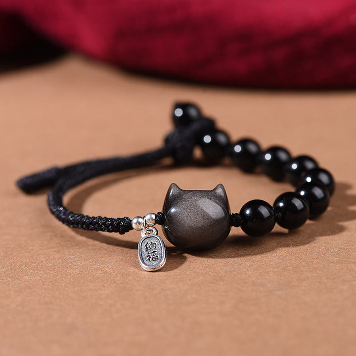 Bracciale Buddha Stones Ossidiana nera Argento lucido Ossidiana Gatto carino Leone danzante Forza - Gatto (circonferenza del polso 14-16 cm) - image 1