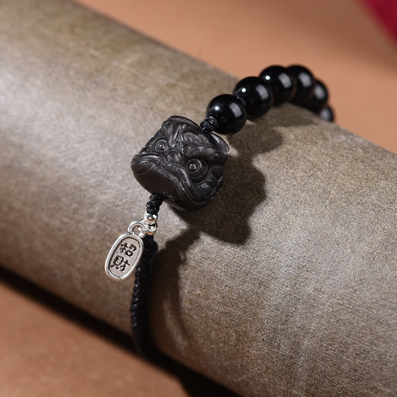 Bracciale Buddha Stones Ossidiana nera Argento lucido Ossidiana Gatto carino Leone danzante Forza - image 8